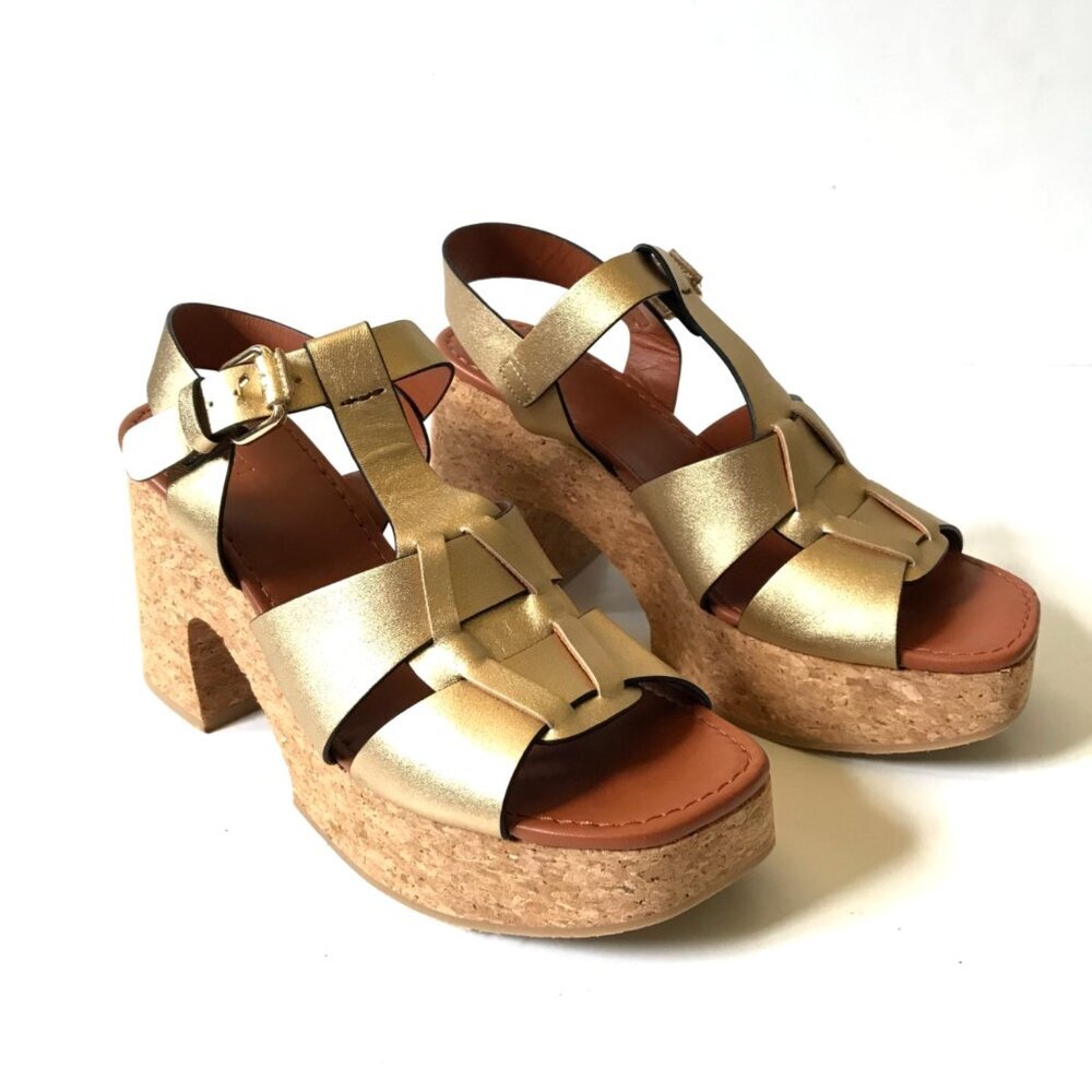ME & EM T Bar Cork Platform Sandals Womens 41 11 Gold Leather Fisherman Heels - Picture 5 of 15